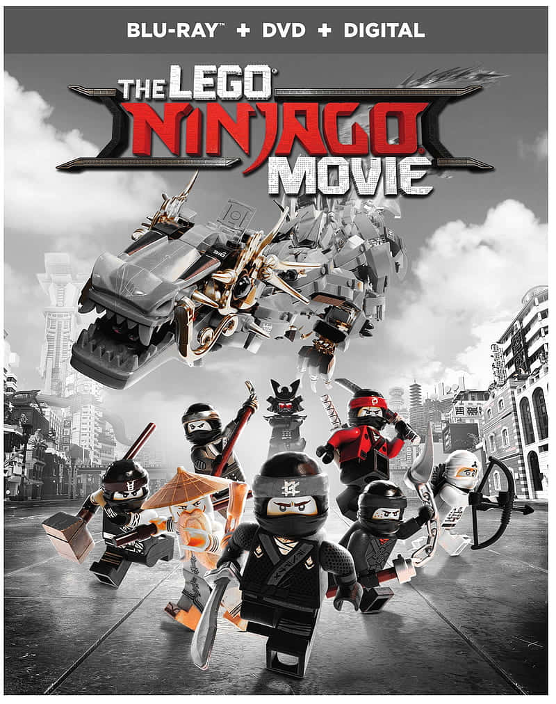LEGO忍者喺城市街道上拎住武器，機械龍喺佢哋頭頂飛過。