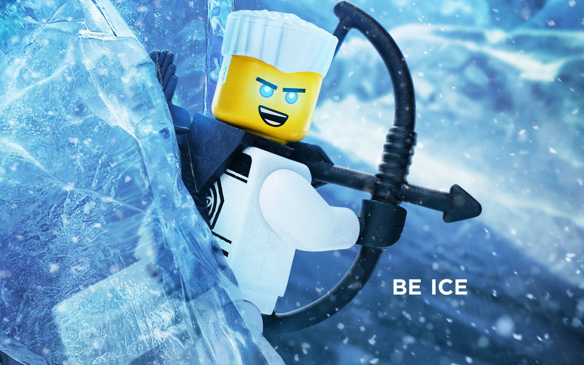 LEGO 人偶戴著冰帽和弓箭從冰塊中出現，雪景