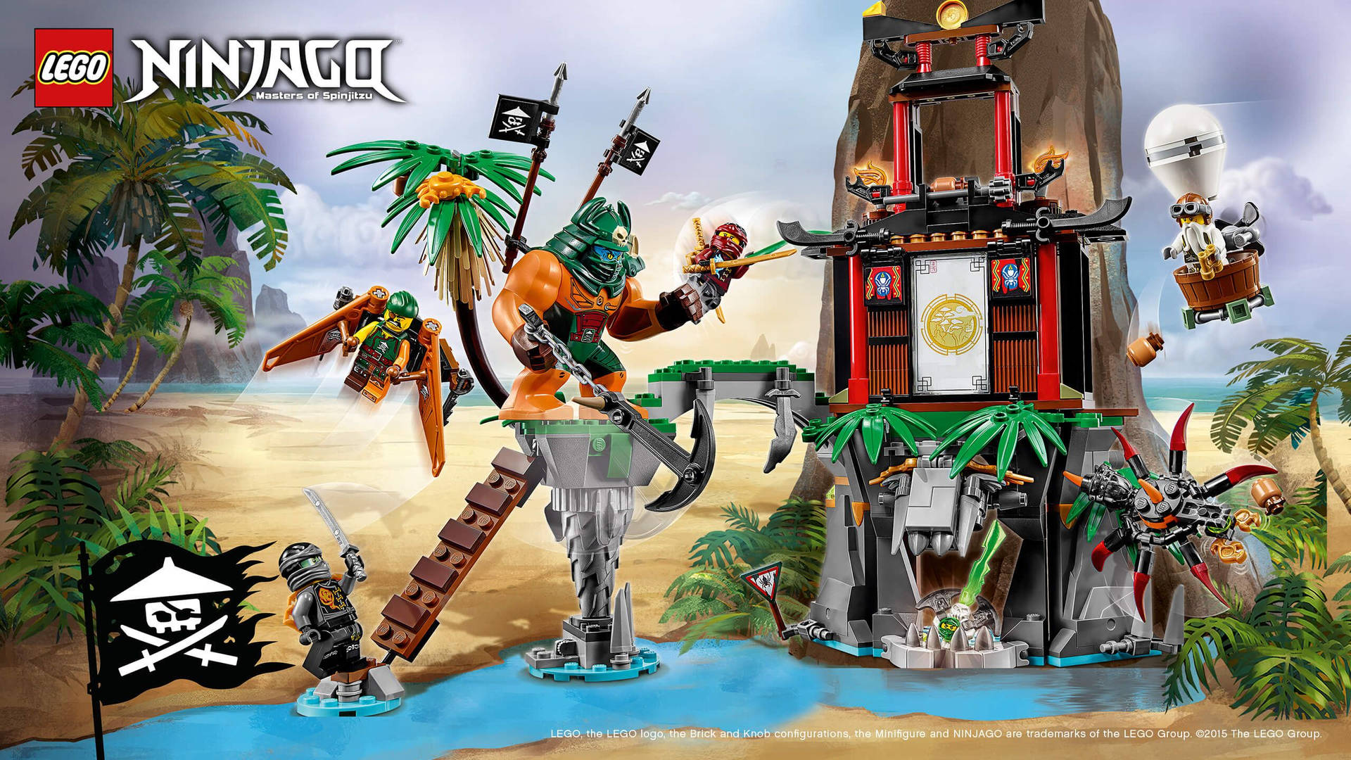 LEGO Ninjago 海盜迷你人偶在熱帶海灘堡壘附近戰鬥。