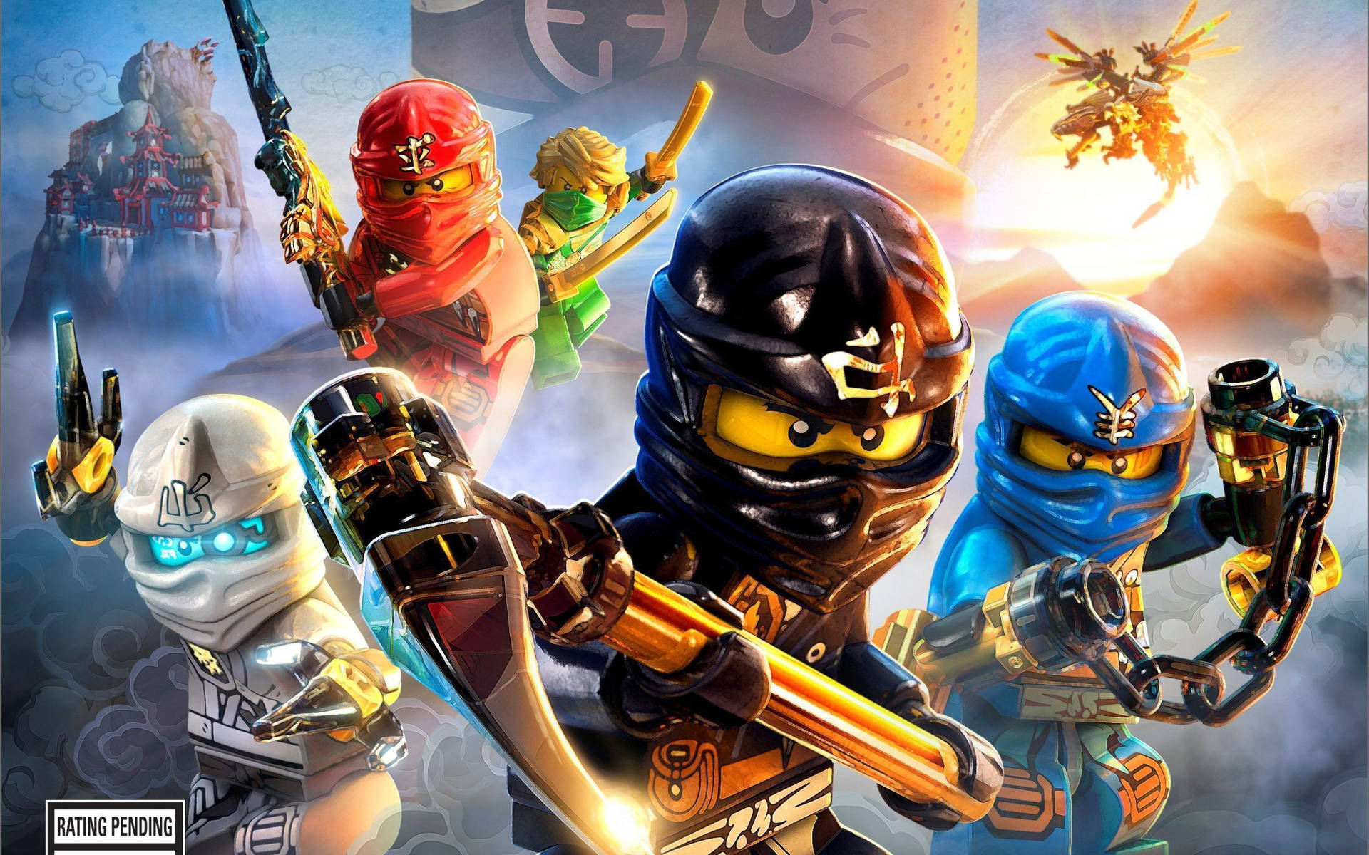 五個LEGO忍者戰士手持武器，在神秘龍和寺廟背景前英勇擺姿勢。