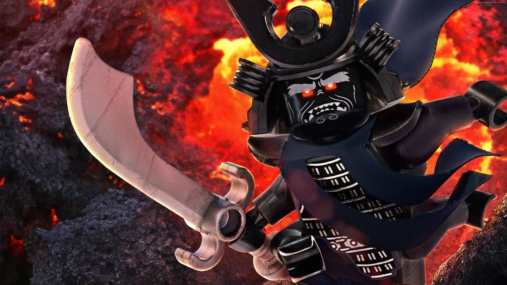 LEGO武士戰士，帶有發光紅眼，在熔岩前握著彎曲的劍。