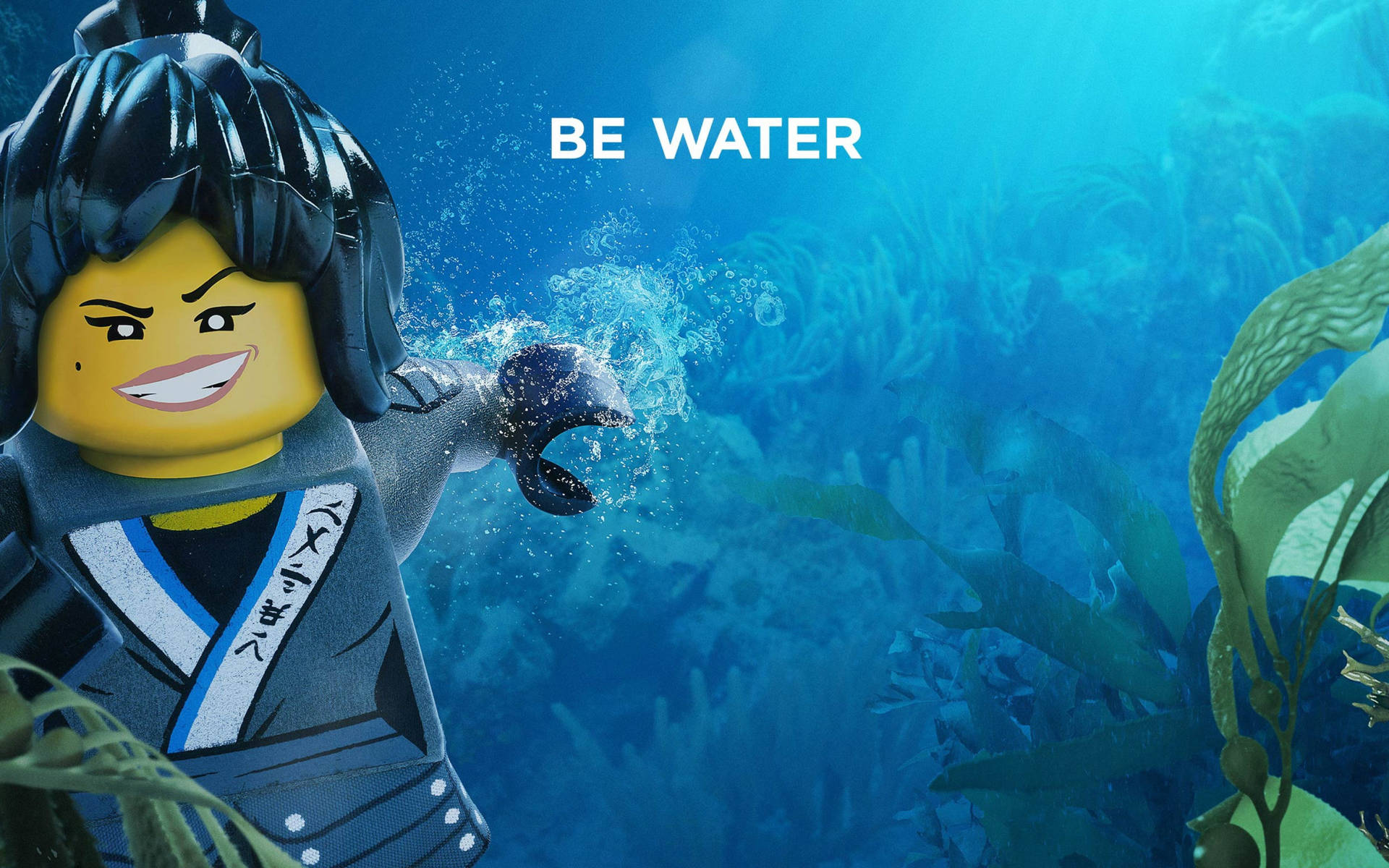 LEGO忍者角色在水下濺水，文字be water