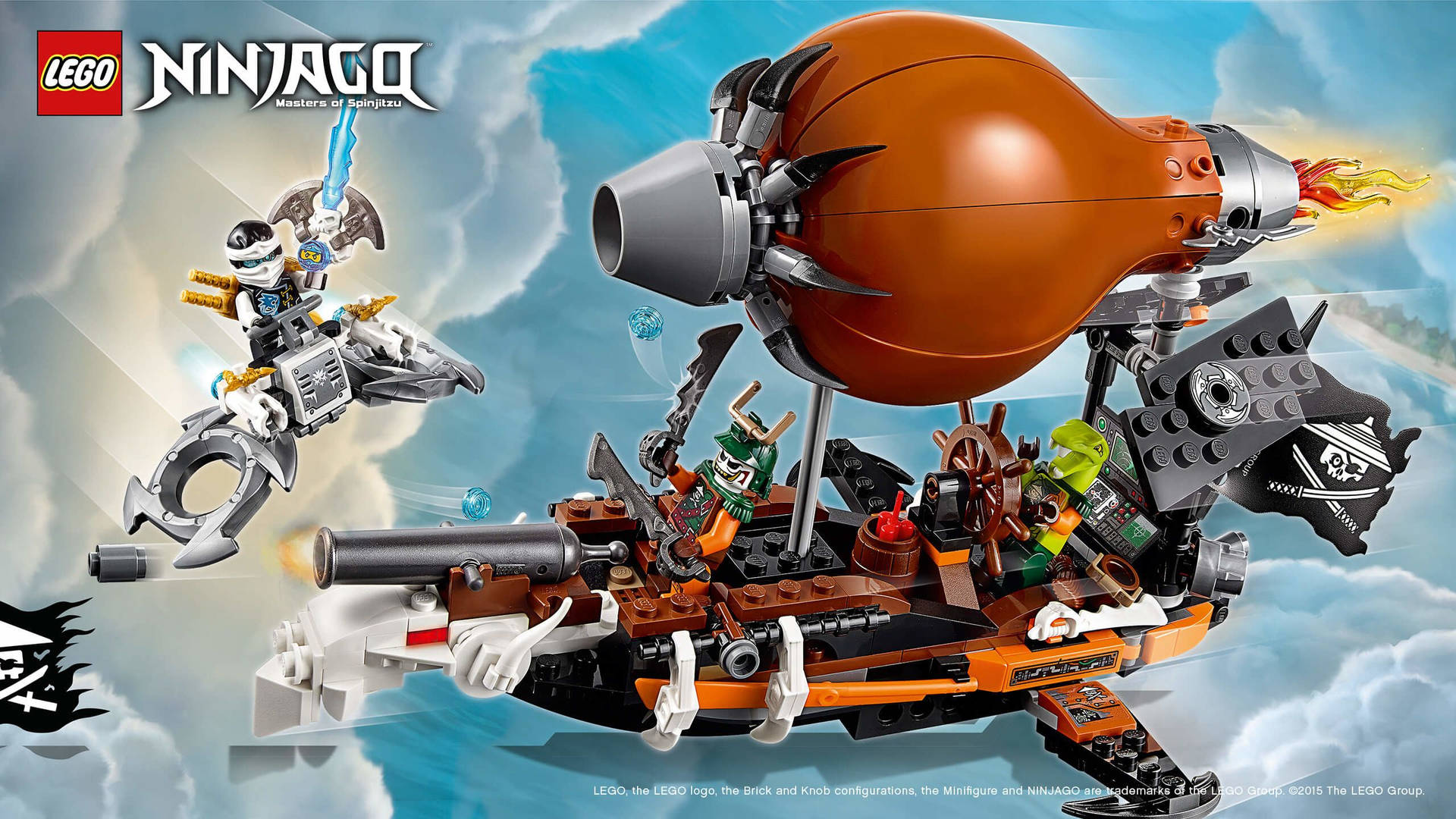 LEGO Ninjago海盜飛船戰鬥，人仔在陰天天空用噴射背包飛行