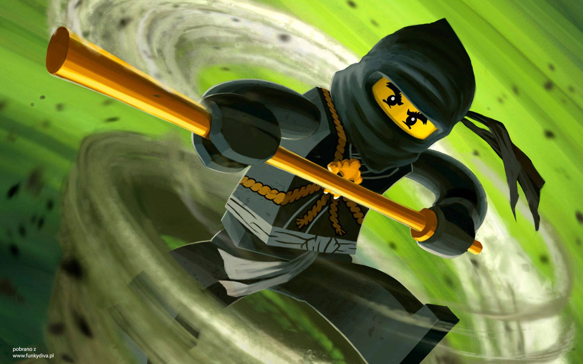 LEGO忍者戰士在旋轉的綠色能量場中揮舞金色法杖。