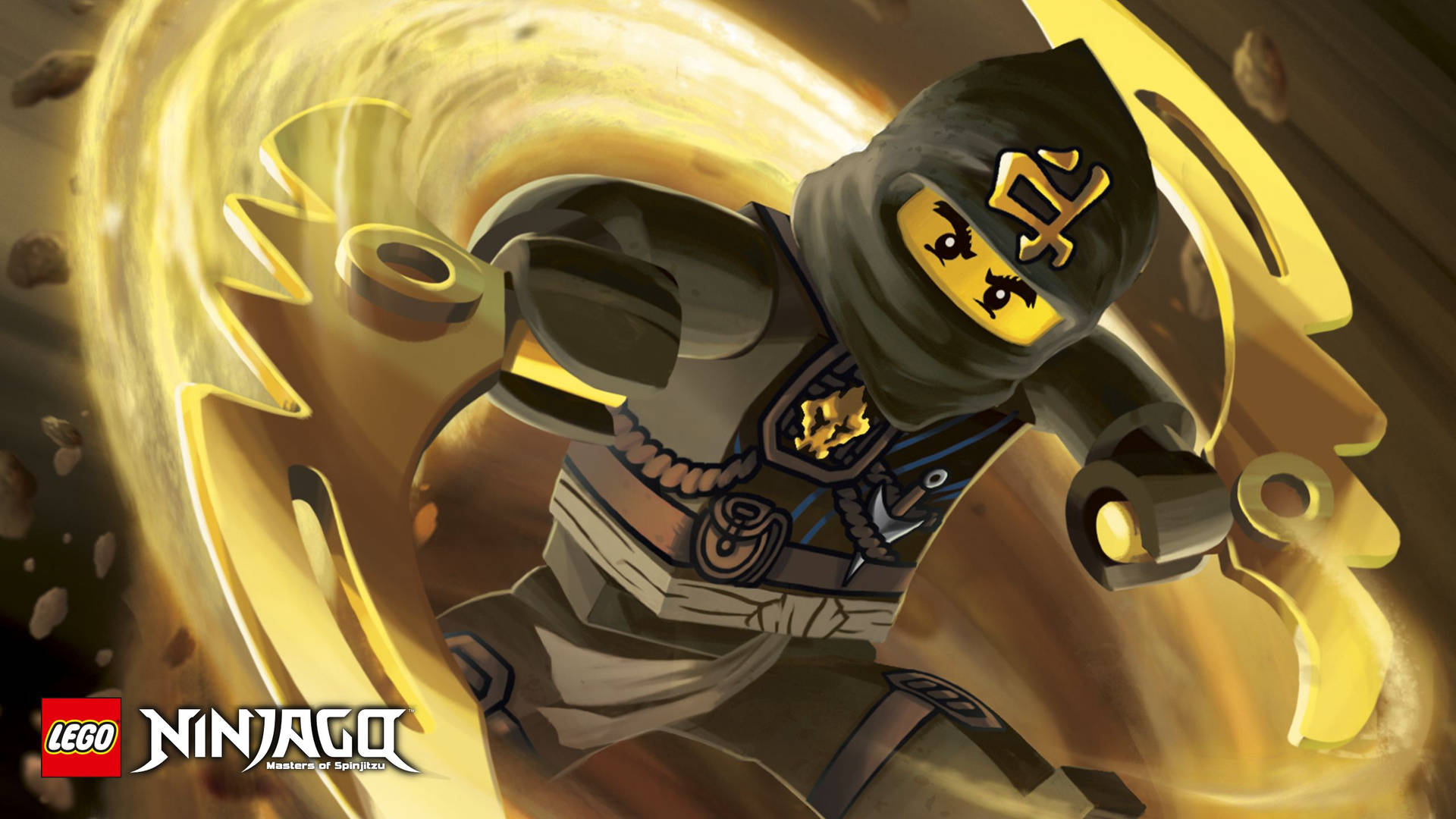 穿著黑色裝備的LEGO Ninjago忍者，以動態戰鬥姿勢揮舞金色武器。