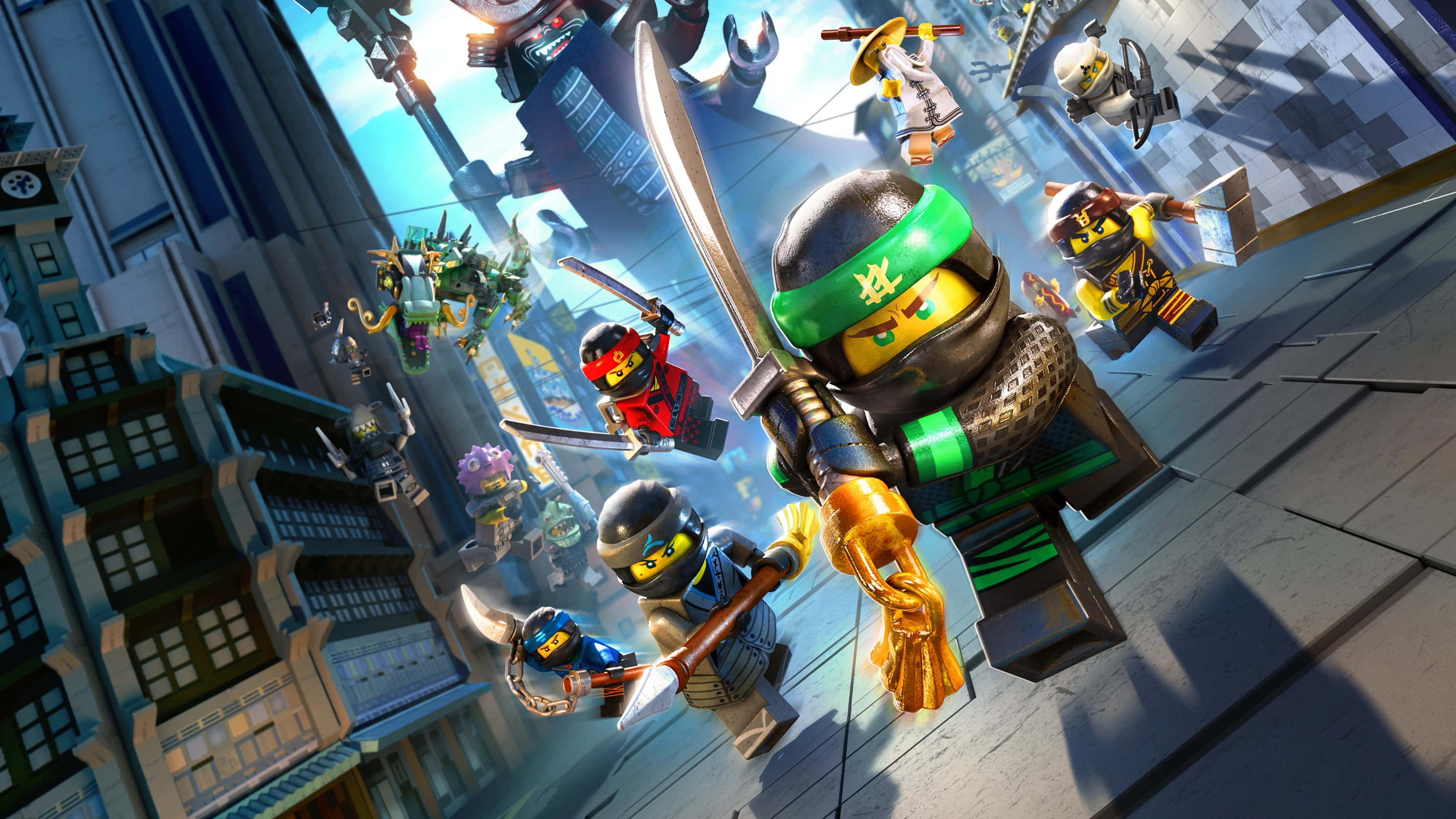 樂高忍者電影：加滿都追趕忍者 壁紙 — LEGO Ninjago 角色在城市景觀中跳躍，進行動態戰鬥，使用劍和武器。