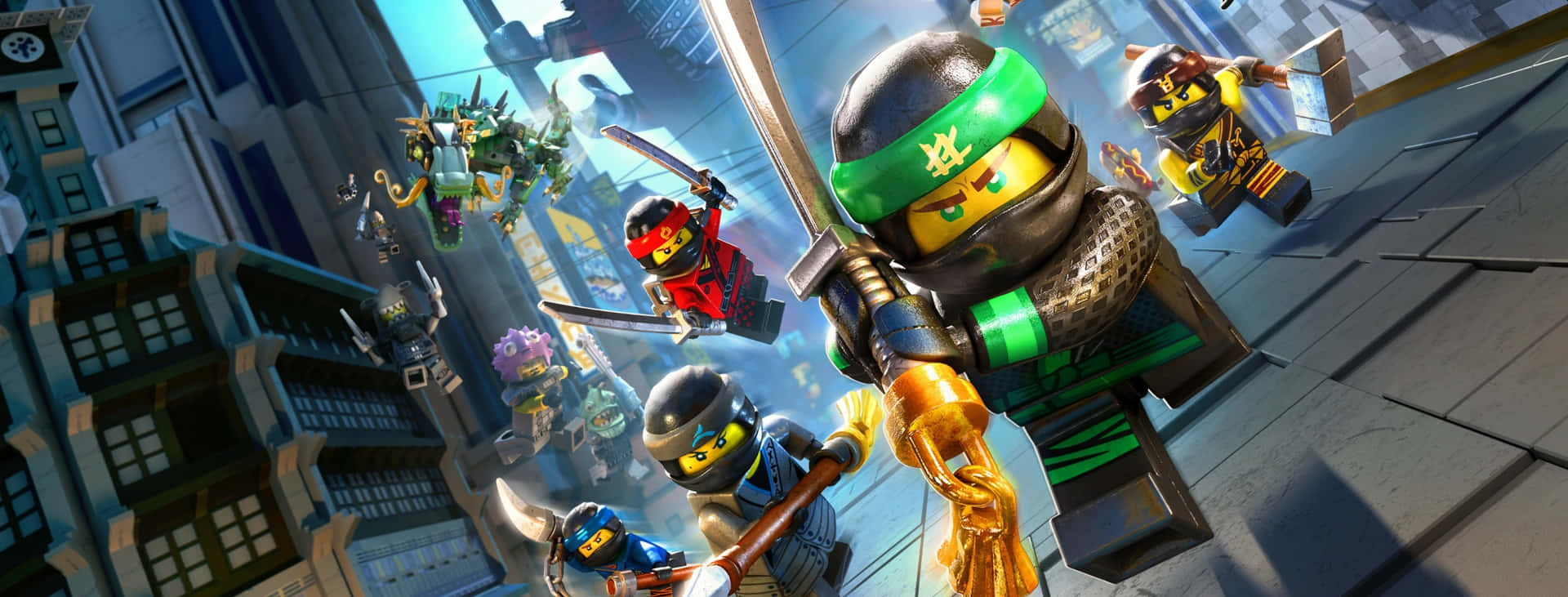 Lego Ninjago 忍者們在城市中與飛行的敵人戰鬥。