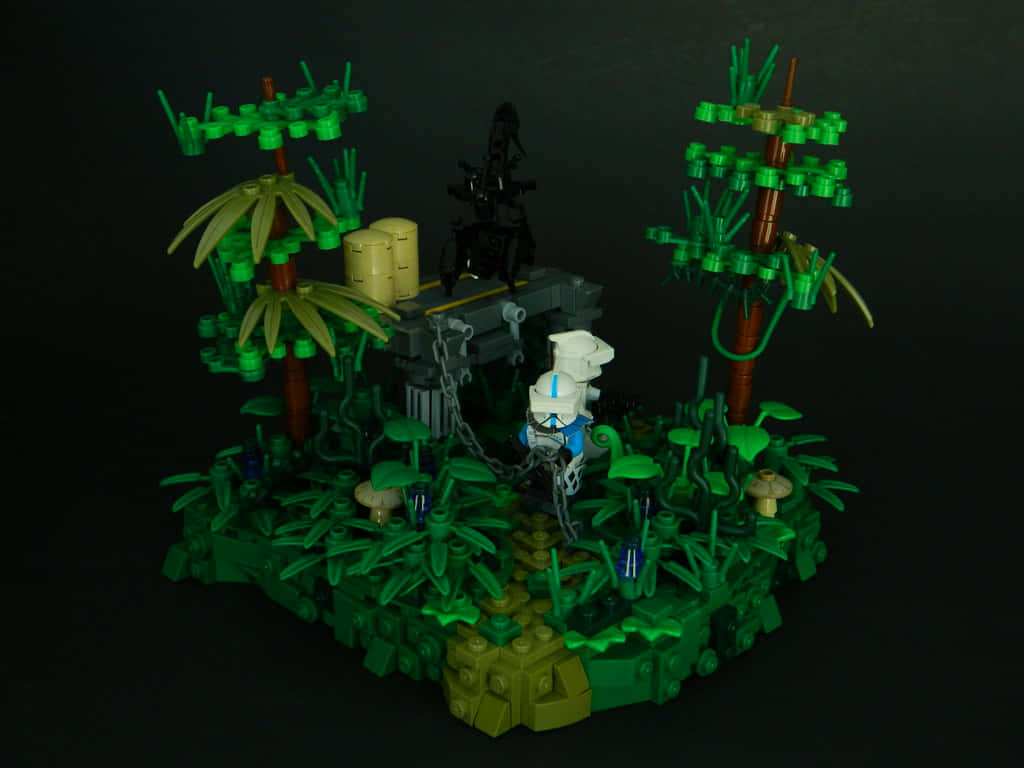 LEGO叢林場景，有一個被鎖鏈鎖住的風暴兵和棕櫚樹。