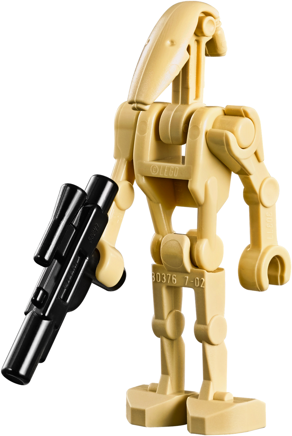樂高戰鬥機器人持爆能槍 壁紙 — 一個米色LEGO星戰機械人公仔企喺純黑色背景前，揸住一把黑色爆能槍。