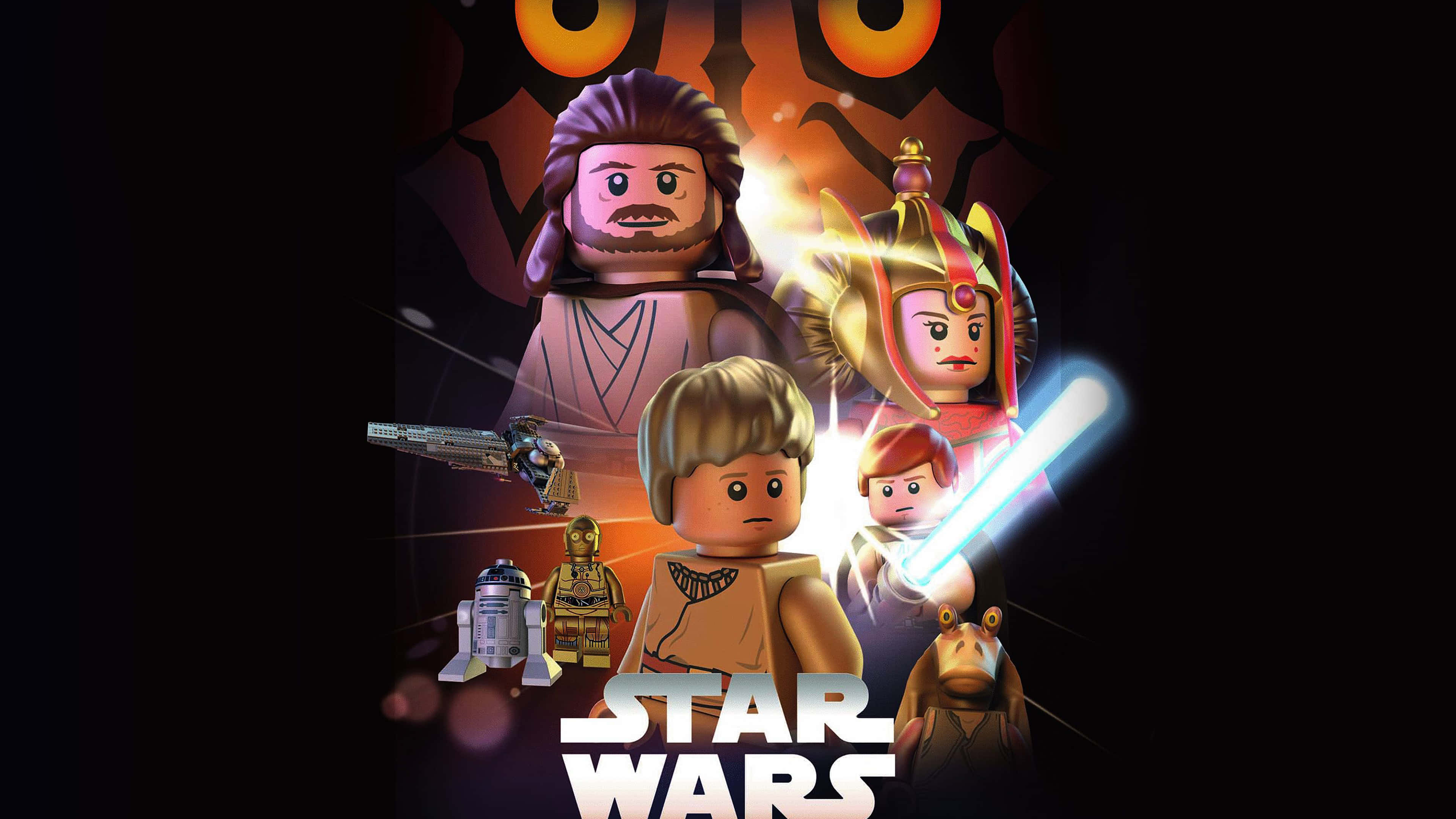 Qui-gon Jinn 桌布 壁紙 — 樂高星球大戰角色，包括Luke、Leia和Rey，在黑暗背景上英勇站立，上方有發光的光劍和不祥的眼睛。
