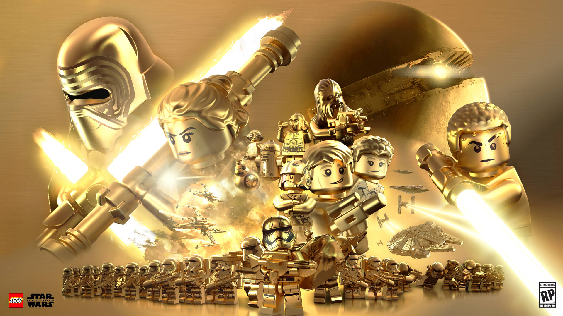 金色LEGO星際大戰人偶在動態戰鬥場景中使用光劍。