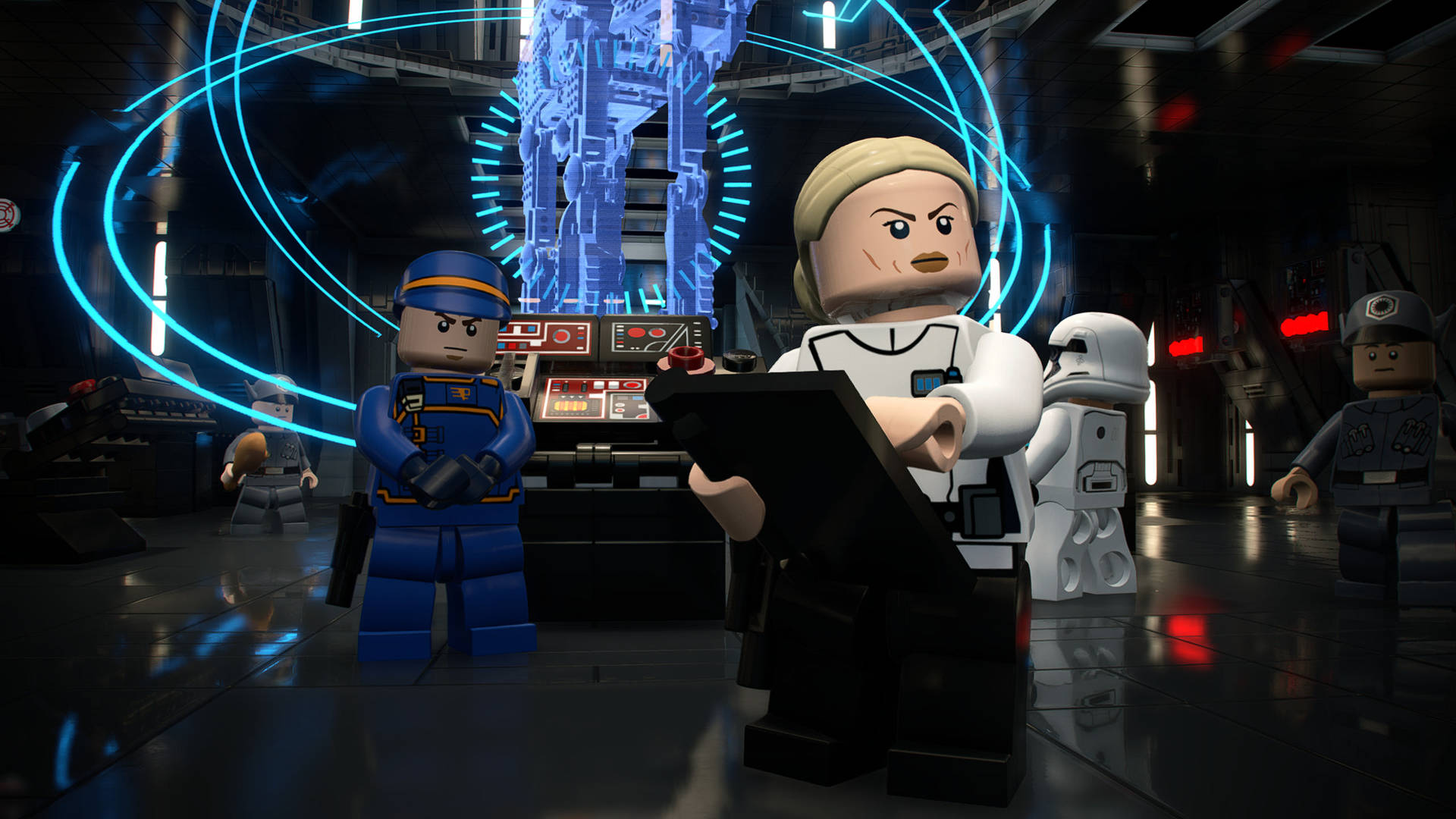 LEGO Star Wars 角色在高科技指揮中心中，帶有發光藍色全息圖。