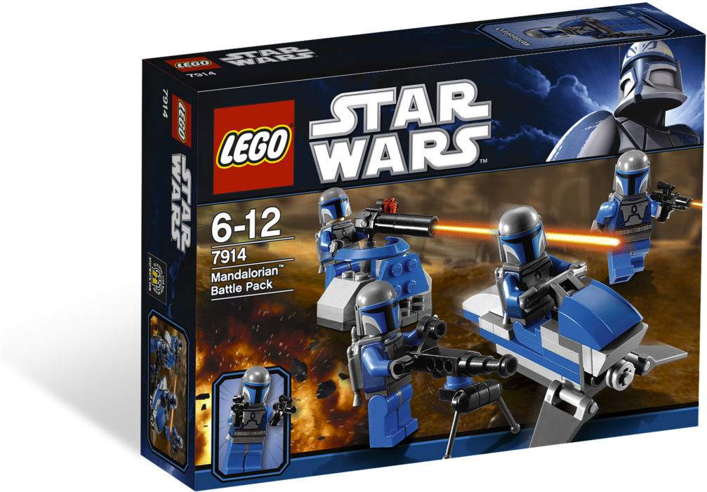 樂高星際大戰曼達洛人戰鬥包 壁紙 — LEGO Star Wars 盒展示身穿藍色盔甲的曼達洛戰士在熾熱的沙漠戰鬥場景中發射爆能槍。