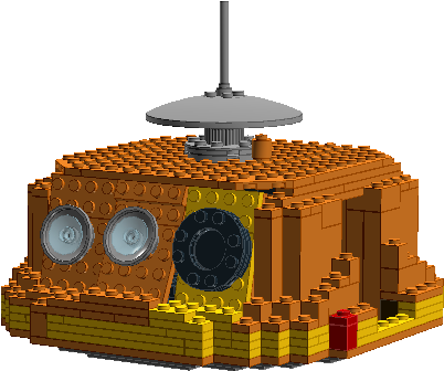 樂高星際大戰楚巴卡機器人 壁紙 — 一個詳細的LEGO太空船模型，帶有橙色和黃色積木、銀色圓頂和灰色天線，背景為黑色。