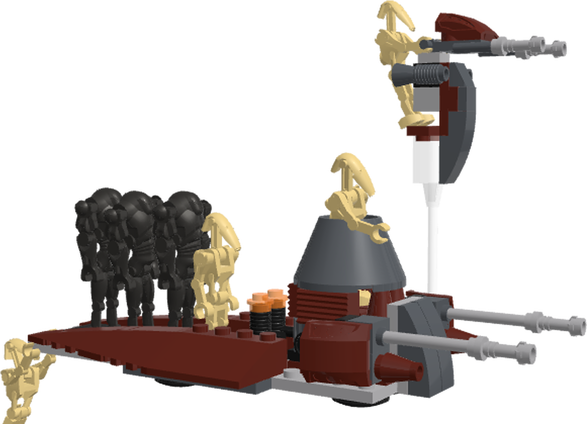 樂高星際大戰機器人部隊陣列 壁紙 — 一個詳細的LEGO Star Wars戰鬥機械人步行機，配有多個砲塔和武裝機械人，背景為黑色。