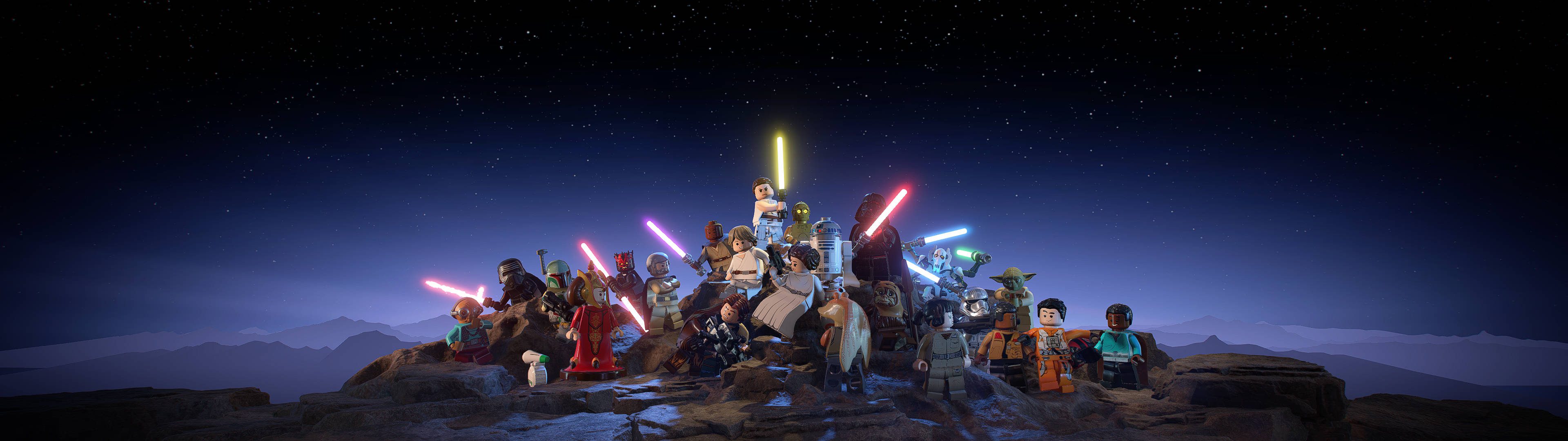 LEGO Star Wars 角色在山峰上，在星空下揮舞發光激光劍。