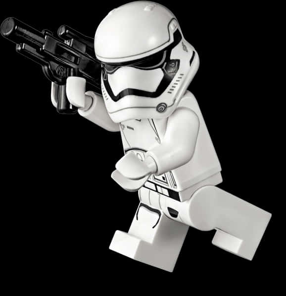 樂高死星士兵動作姿勢 壁紙 — 一個白色LEGO風暴兵人偶穿著全套盔甲，用黑色爆能槍瞄準純黑色背景。