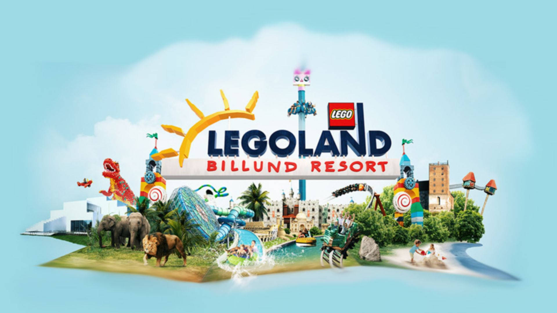 LEGO Billund度假村，在熱帶島嶼上設有遊樂設施、動物和水滑梯。