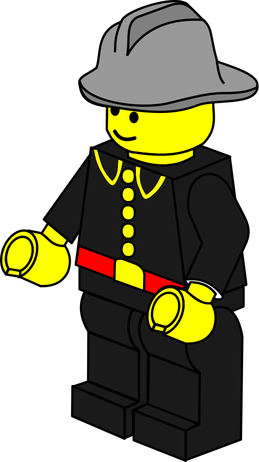 樂高消防員角色 壁紙 — 一個經典的黃色LEGO人仔，穿著消防員服裝，配有灰色頭盔和紅色腰帶，背景為黑色。