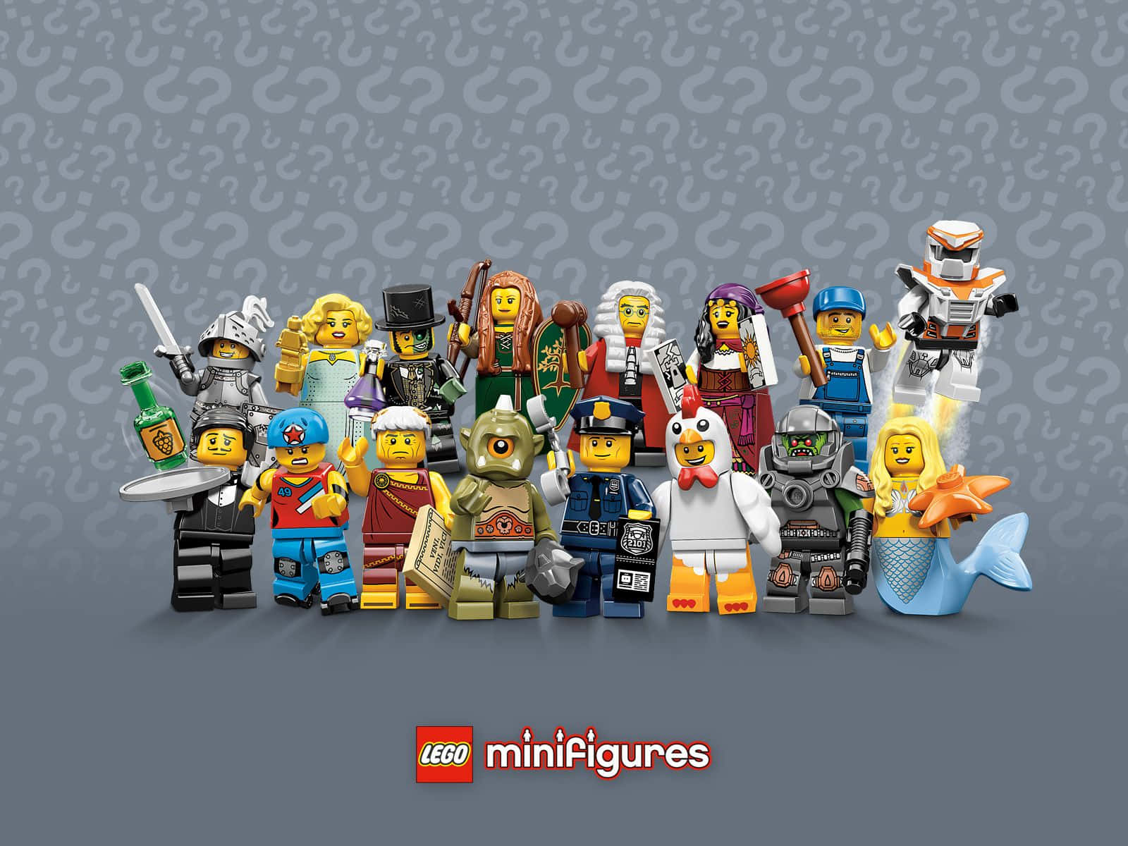 一群穿著不同服裝的LEGO人仔排成一排。