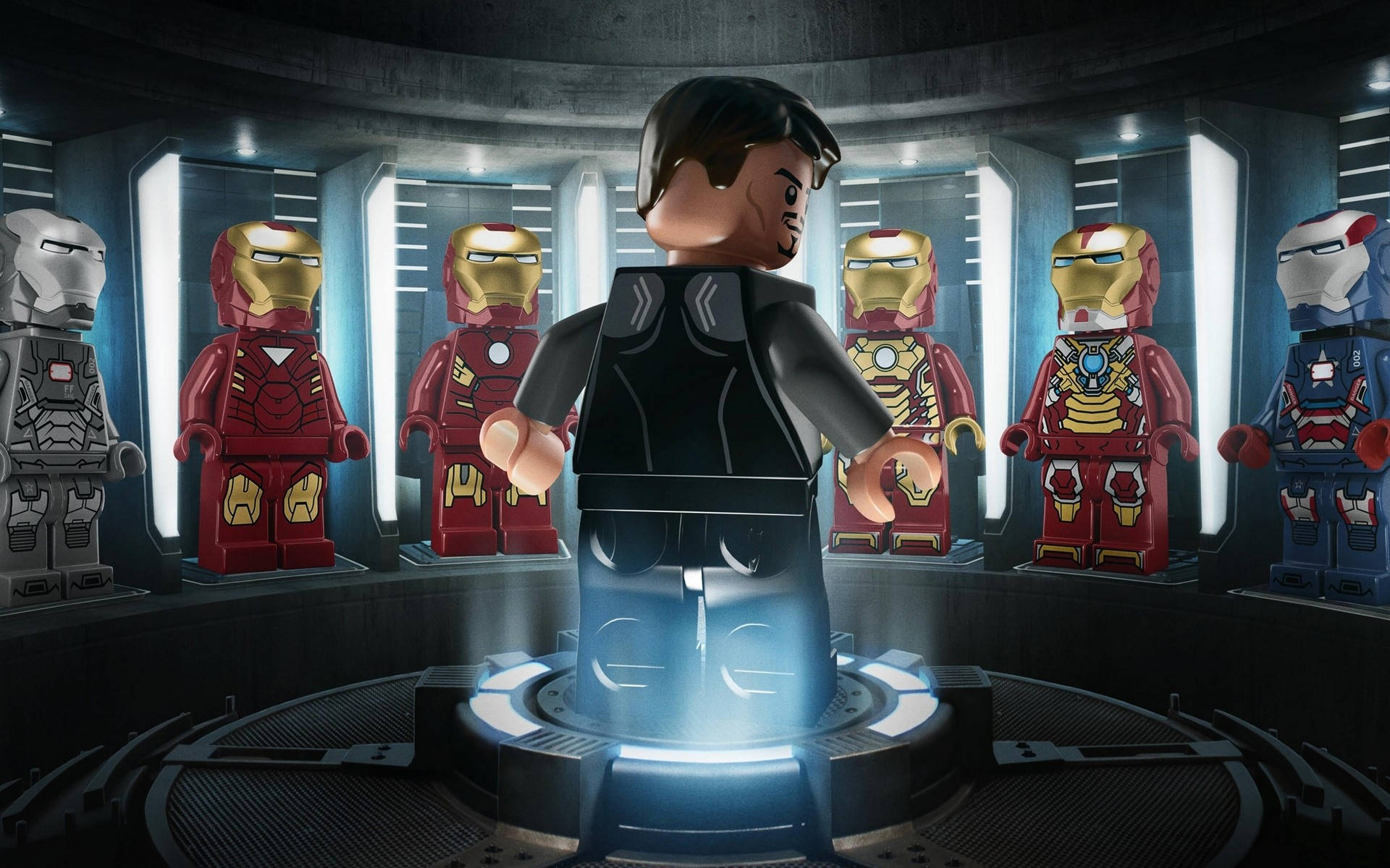 LEGO Tony Stark在實驗室中，展示櫃內有Iron Man戰衣。