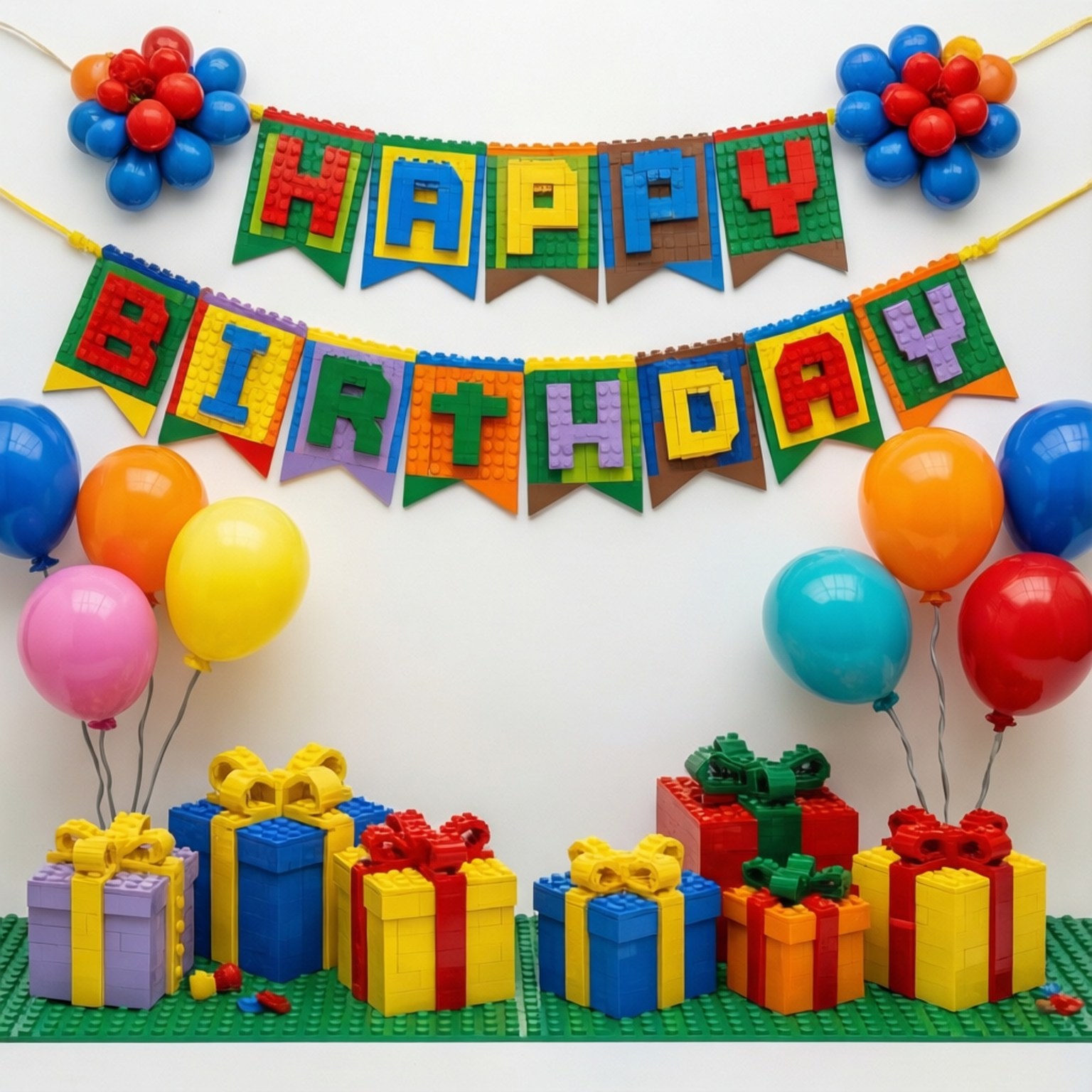樂高生日派對平鋪圖 壁紙 — 一個完全由彩色LEGO積木製成的歡樂生日場景，配有橫幅、禮物和氣球。