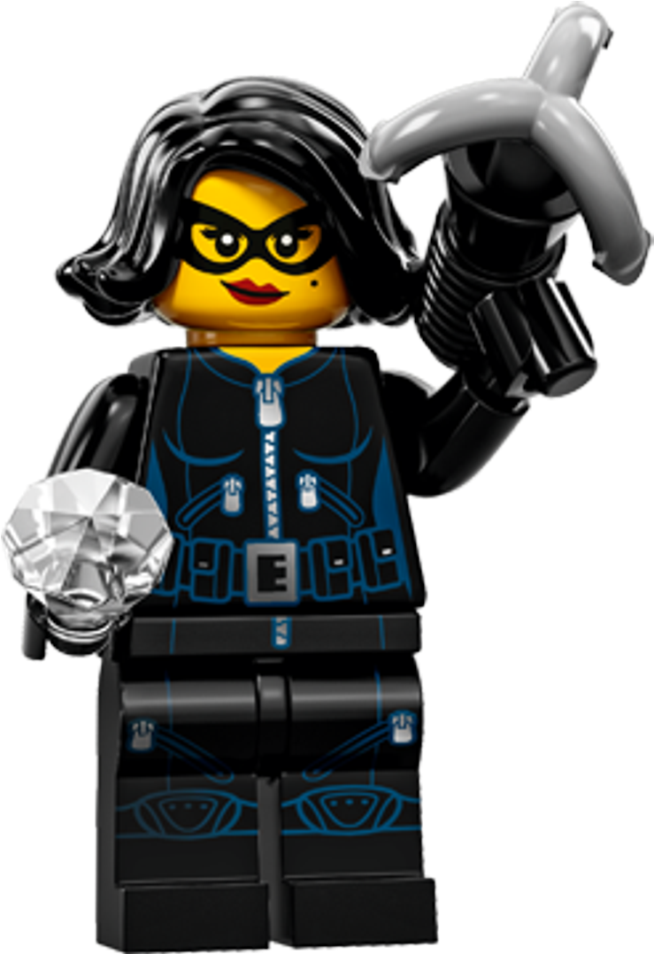 樂高盜賊手持鑽石與撬棍 壁紙 — 一個黑色頭髮、戴眼鏡的LEGO人偶在純色背景前拿著銀色錘子和鑽石。