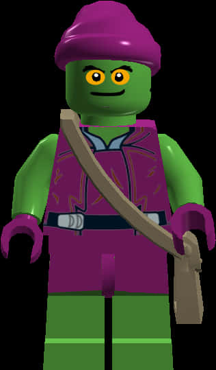 樂高綠惡魔公仔 壁紙 — 一個綠色LEGO人仔，戴著紫色帽子和穿著紫色背心，在黑色背景前拿著弓。
