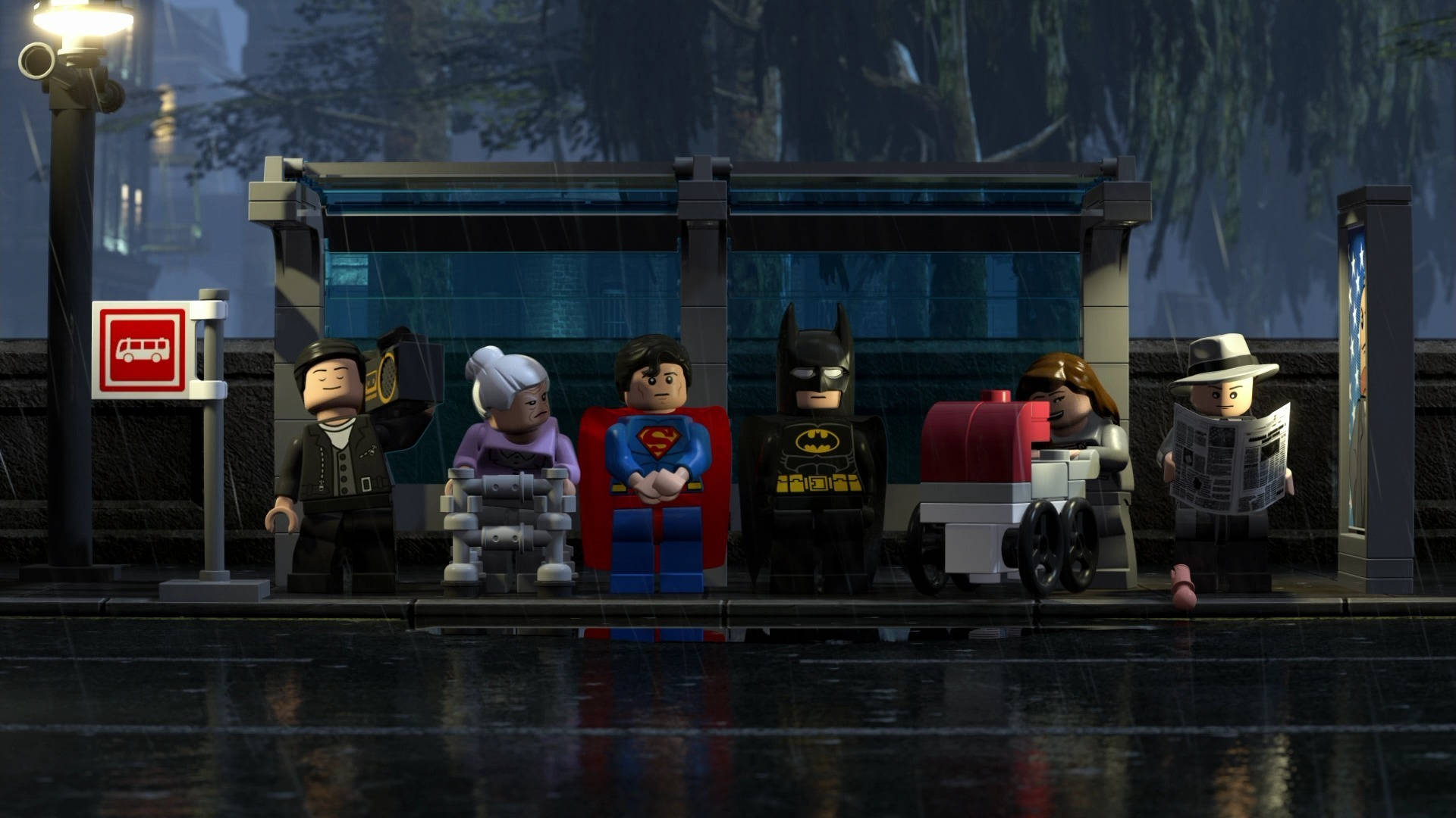 LEGO 人偶在雨夜的巴士站等候。