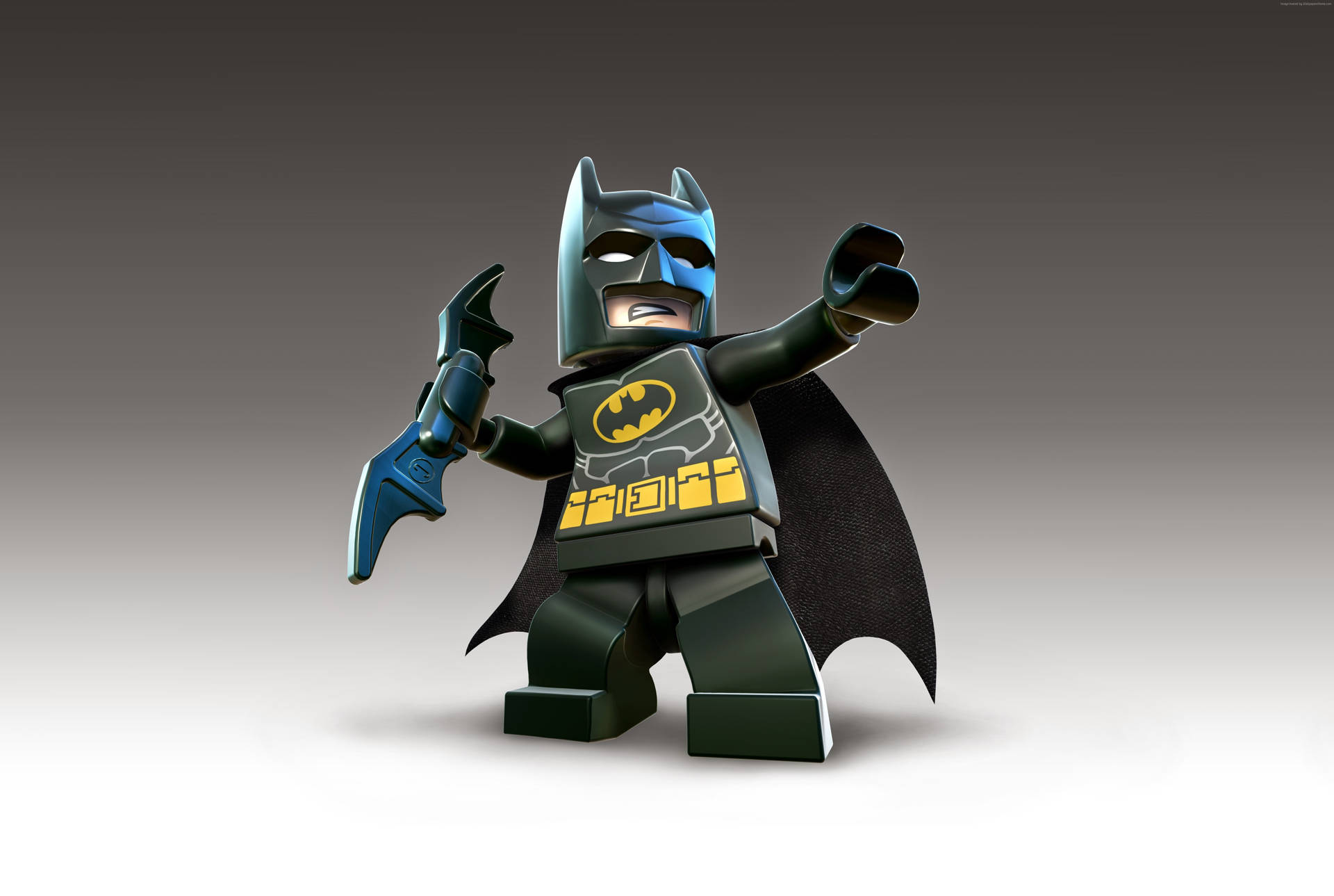 LEGO蝙蝠俠人偶以英雄姿勢拿著蝙蝠鏢。