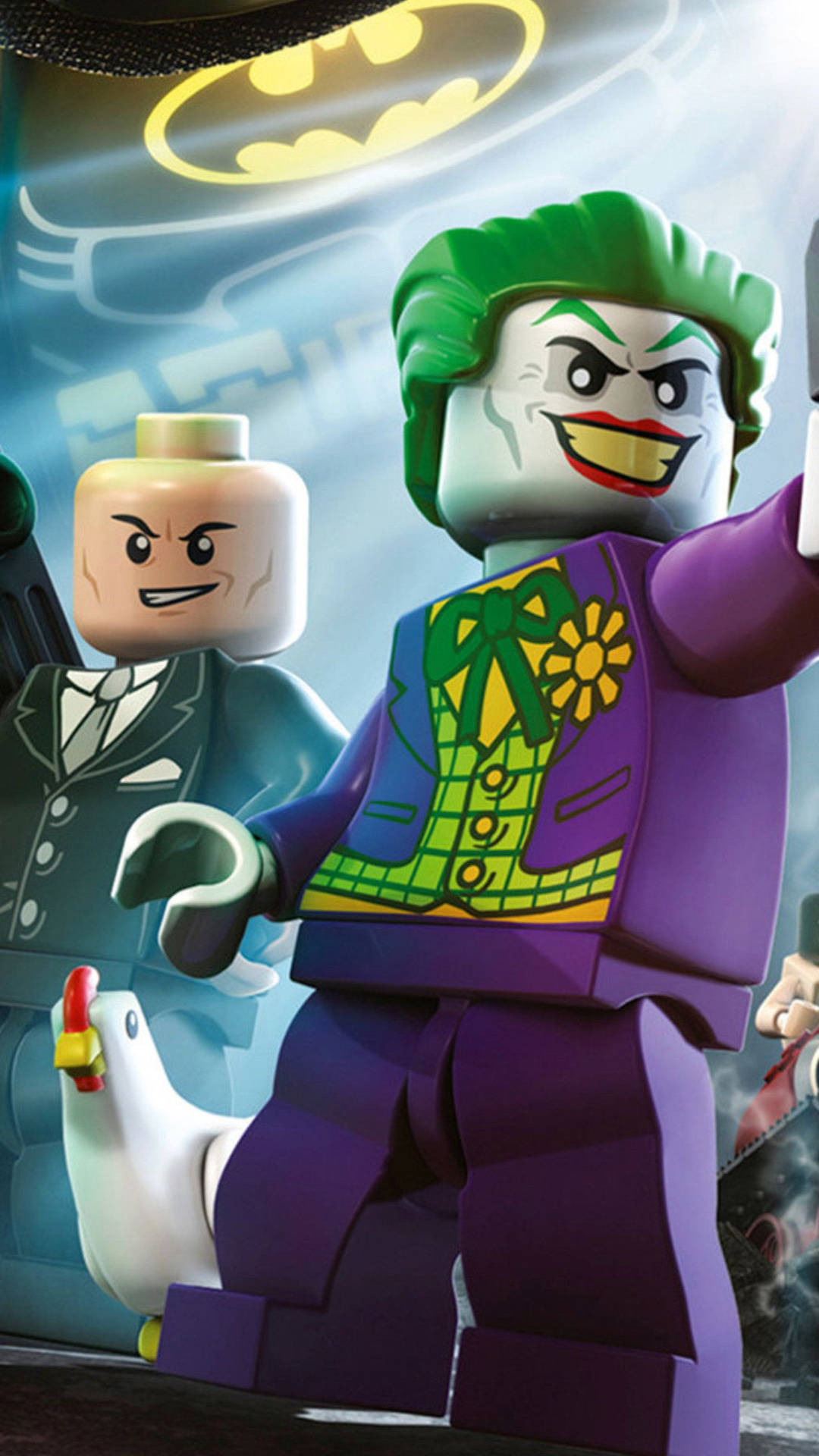 LEGO 小丑抱著雞，背景有蝙蝠俠標誌