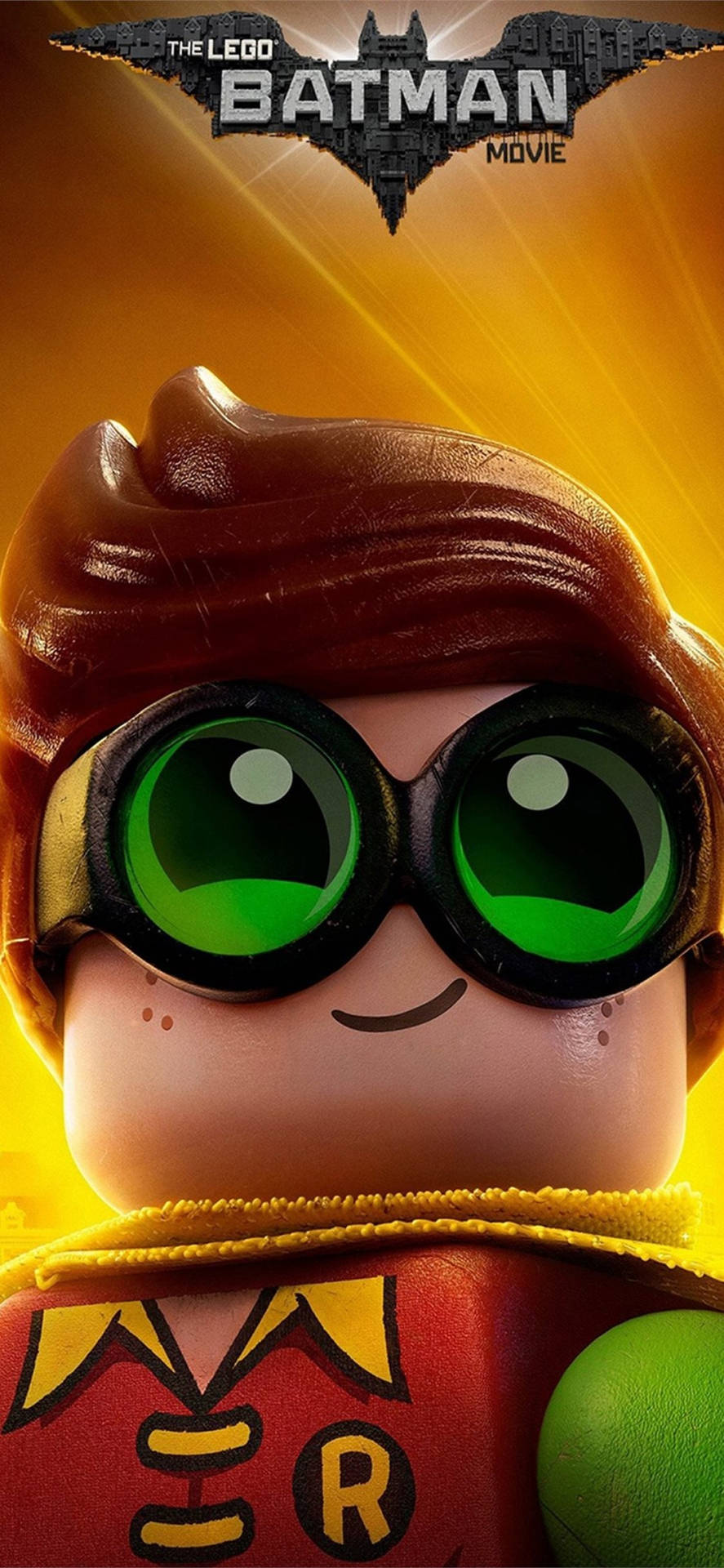 LEGO Robin 超級英雄，綠色眼睛和黃色披風，開心地微笑。
