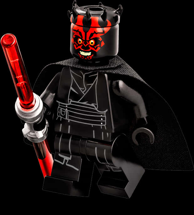 樂高西斯領主迷你人偶 壁紙 — 一個威嚇的LEGO Darth Maul人偶，手持紅色光劍，披著黑色斗篷，站在黑色背景前。