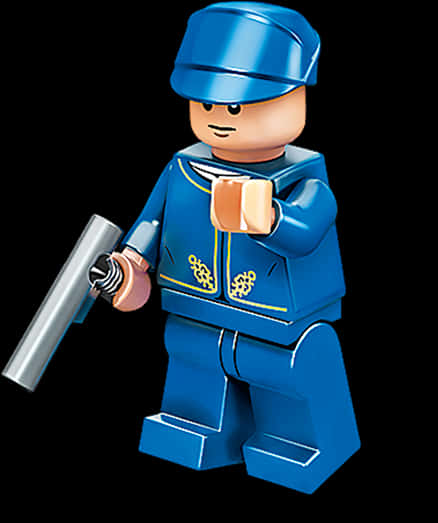 樂高警察人偶持警棍 壁紙 — 一個穿著水手服的藍色LEGO迷你人偶在黑色背景前拿著一把銀色手槍。