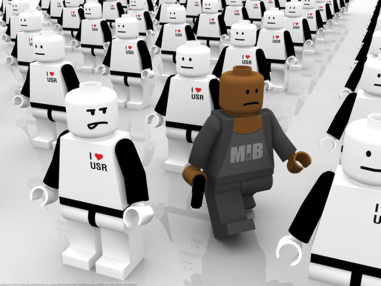 一個孤獨的MIB特工在穿著USA襯衫的相同LEGO人物中行走。