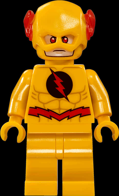 樂高逆閃電小人偶 壁紙 — 一個黃色LEGO迷你人偶，是閃電俠，帶有紅色閃電標誌和憤怒的紅色眼睛，背景為黑色。
