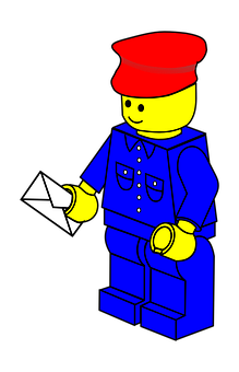 樂高郵差人偶插圖 壁紙 — 一個經典的LEGO人仔，身穿藍色制服和紅色帽子，在黑色背景前拿著一個白色信封。