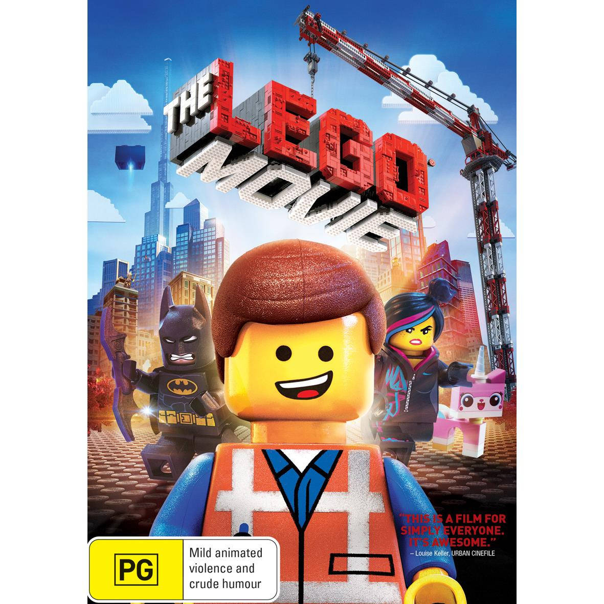《樂高電影》艾米特海報 壁紙 — 一張充滿活力的LEGO電影海報，描繪Emmet、Batman和Wyldstyle在繁忙的磚塊城市中，背景是明亮的藍天。
