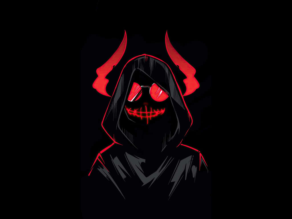 標準惡魔戴角壁紙 壁紙 — 一個戴著兜帽、有發光紅眼和角的威脅性人物，背景為黑色。