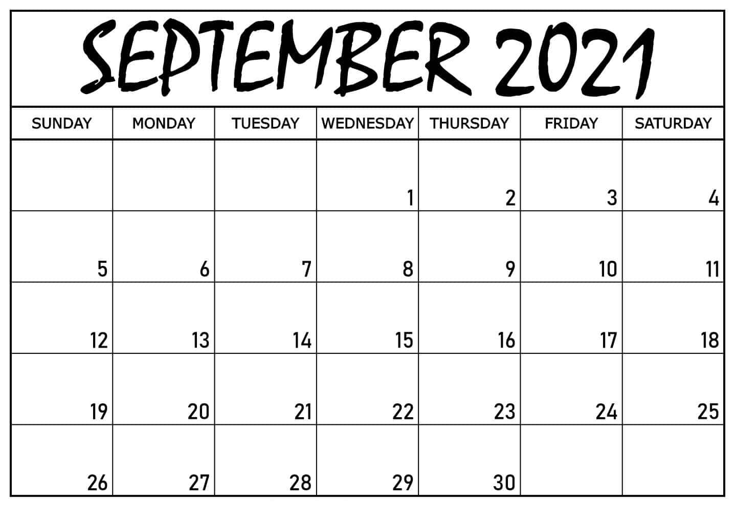 2021年9月日曆，帶有粗體手寫標題和網格佈局。