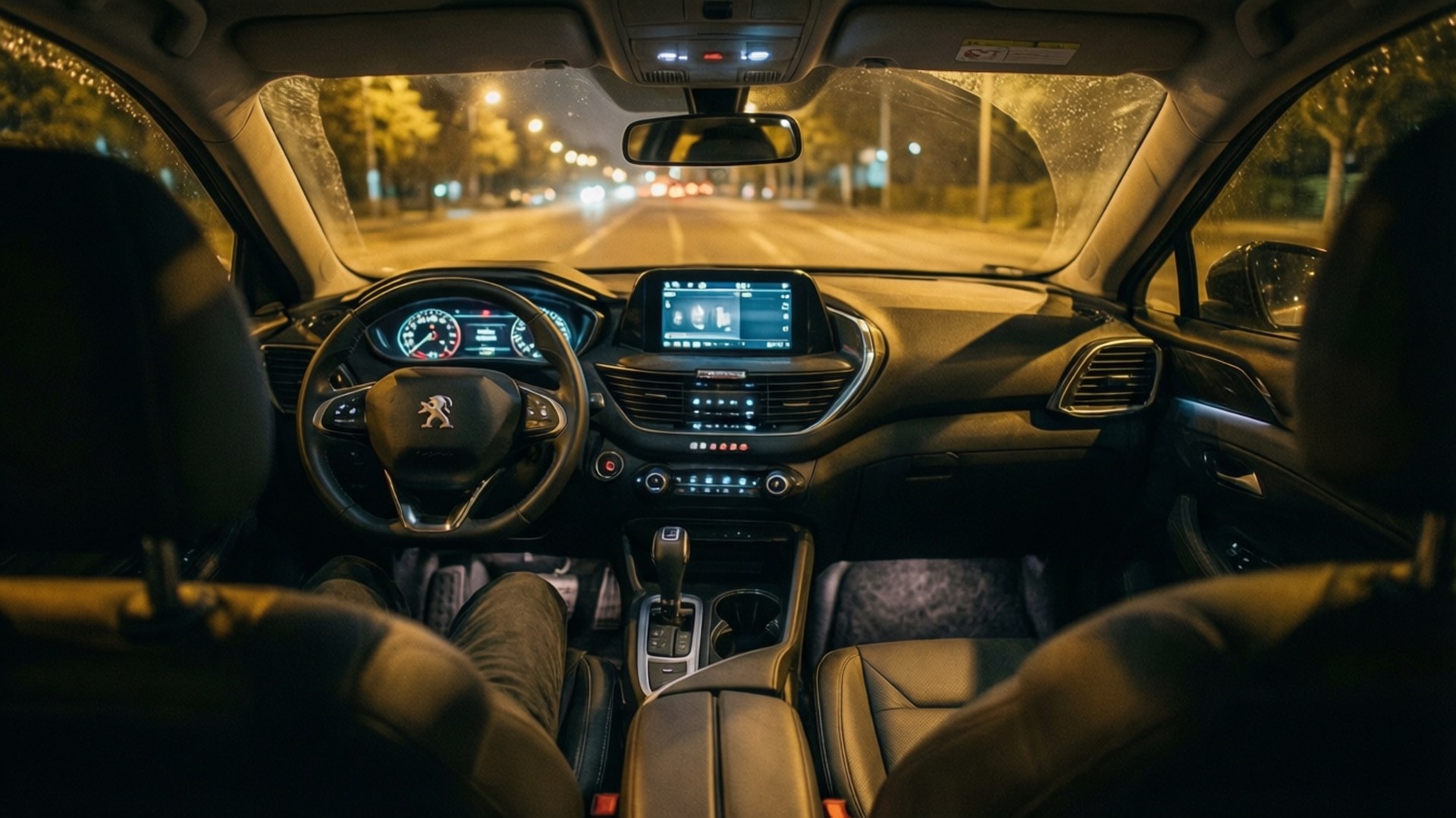 夜間汽車內部，發光儀表板和濕潤擋風玻璃，顯示前方街燈。