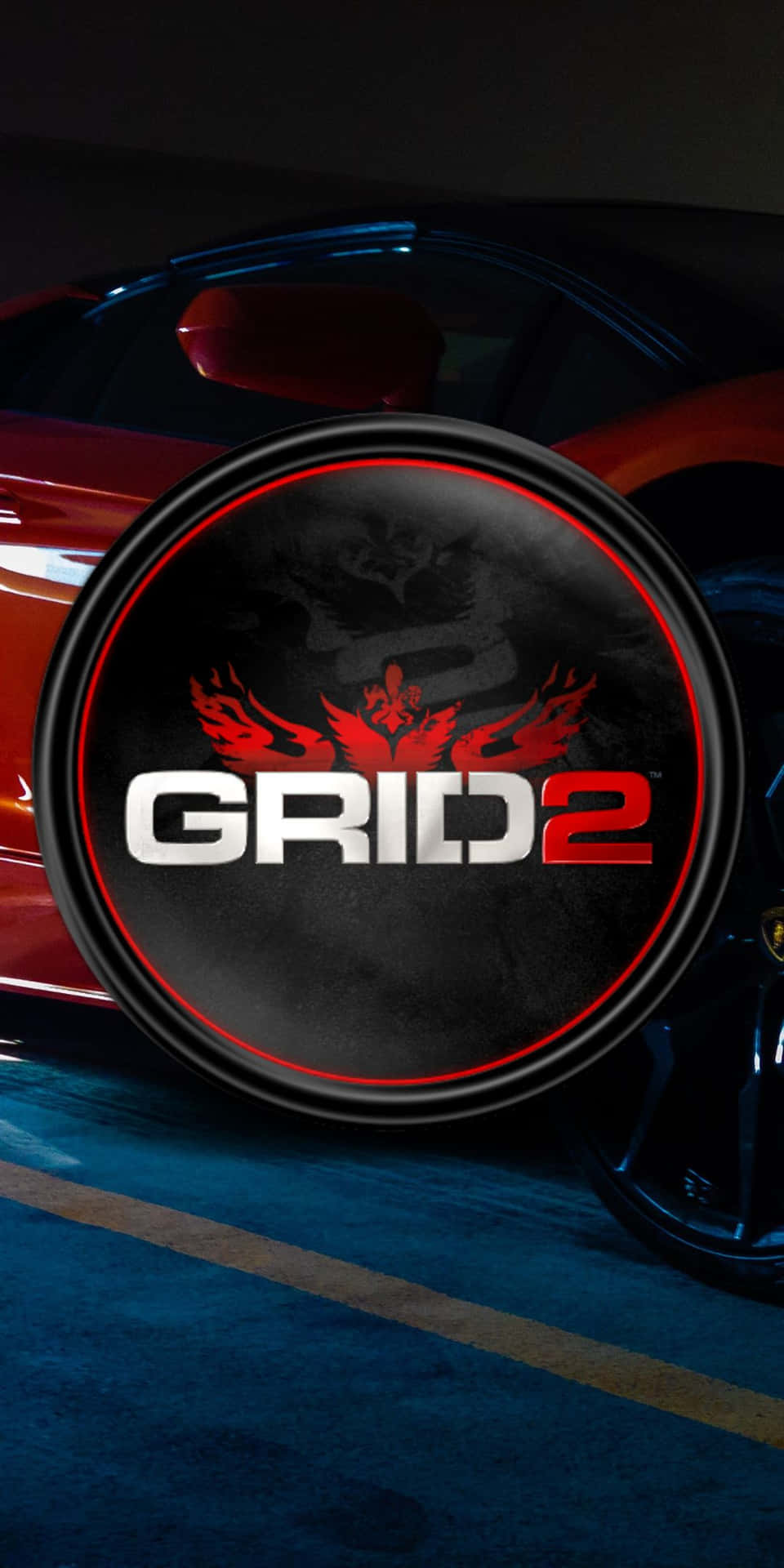 紅色跑車位於發光的GRID 2遊戲標誌後方，帶有紅色翅膀。