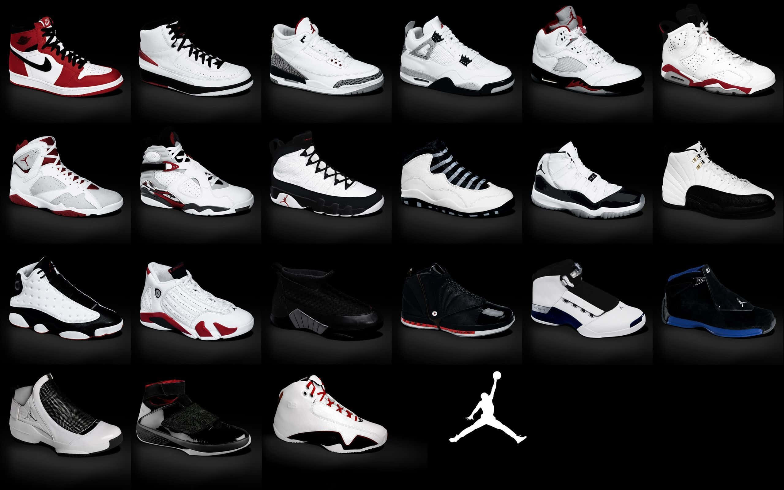 佐敦 桌布 壁紙 — 標誌性 Jordan 運動鞋網格，以白色、黑色、紅色和藍色呈現，搭配鮮明的黑色背景和 Jumpman 標誌。