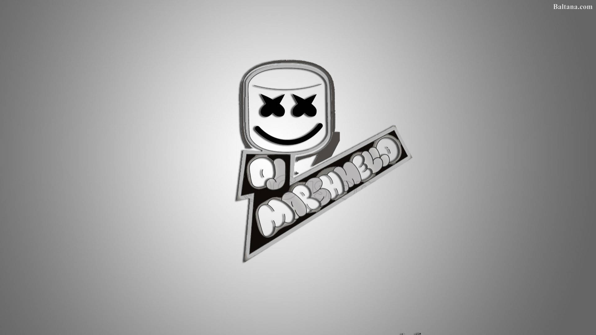 DJ Marshmello 標誌，眼睛交叉，微笑，灰色漸變背景