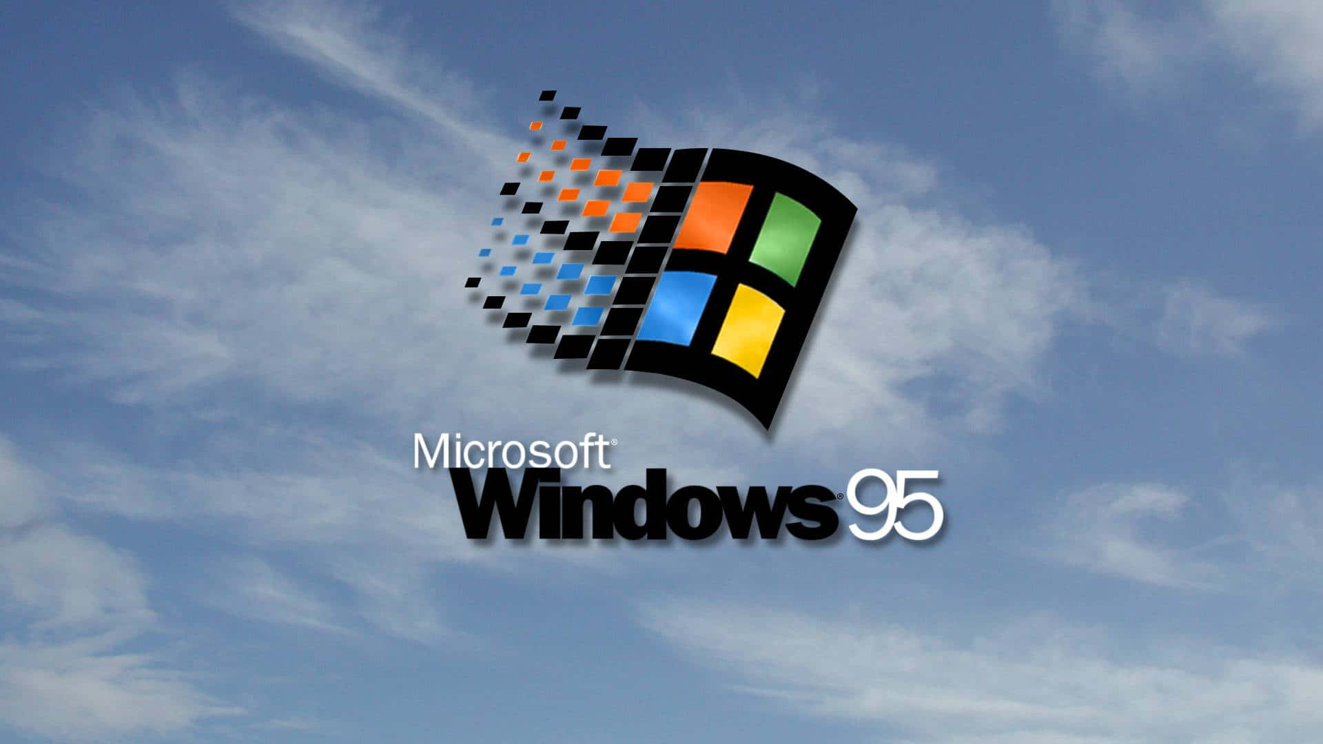 Windows 95 動態圖 桌布 壁紙 — 標誌性的 Windows 95 標誌，其色彩繽紛的像素化窗口設計，漂浮在明亮藍天和縷縷白雲中。