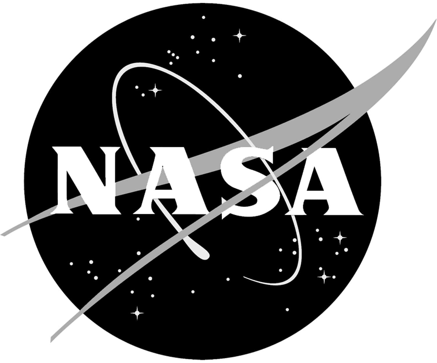 Black And White Logo 桌布 壁紙 — 標誌性的NASA標誌以黑色圓形背景上的粗體白色字體為特色，並帶有星星和軌道線。