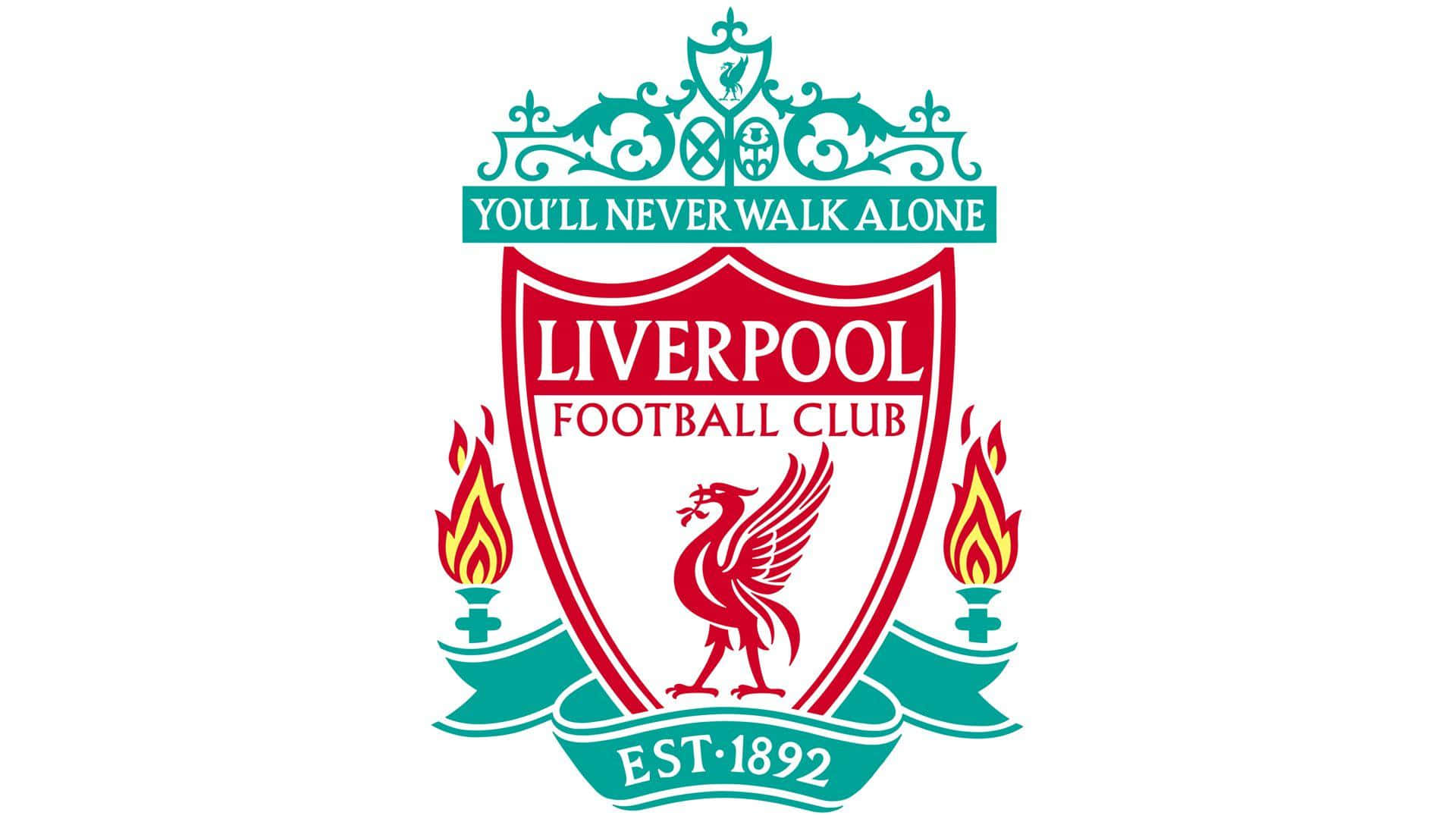 Liverpool Logo 桌布 壁紙 — 標誌性的利物浦足球會徽章以紅色利物鳥為中心，兩側有火焰和格言 you'll never walk alone。