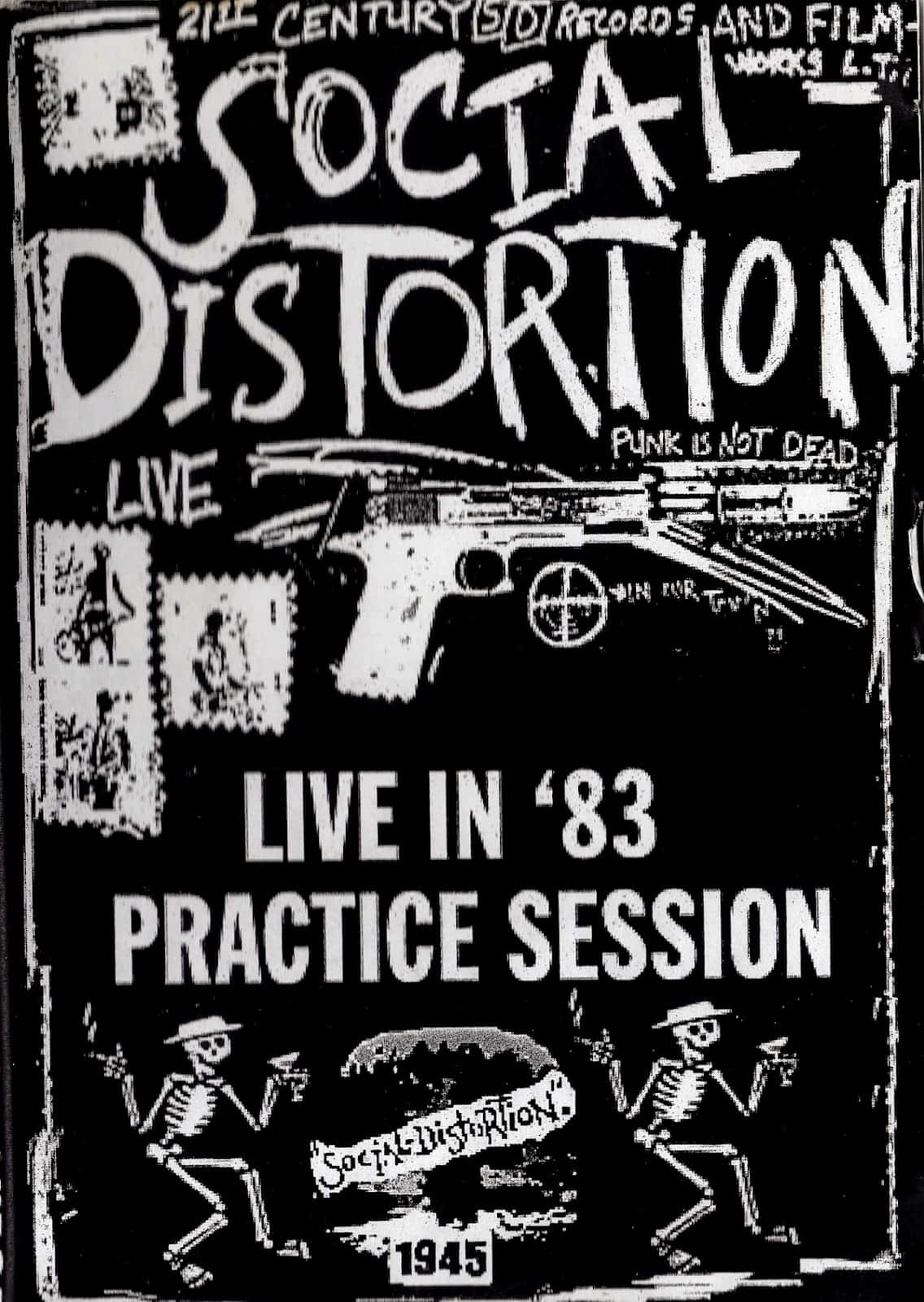Social Distortion 1983 年練習環節的黑白龐克音樂會海報，帶有跳舞的骷髏和步槍。