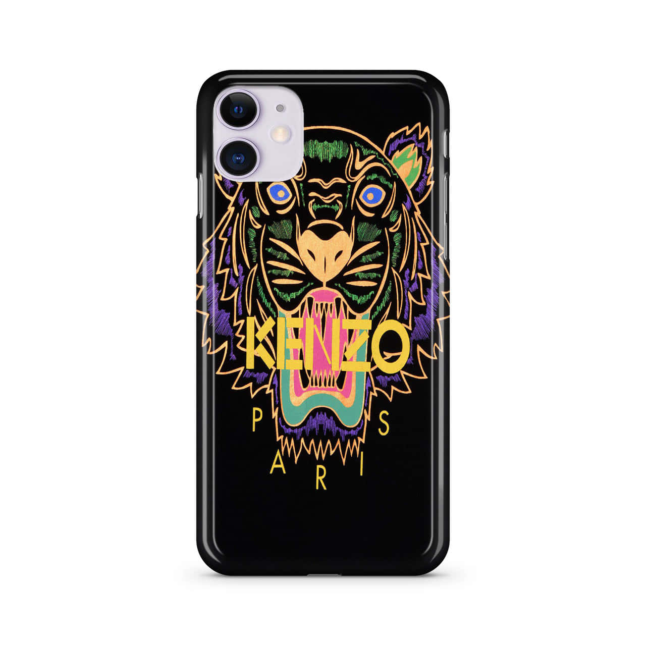 黑色手機殼，帶有彩色老虎頭和KENZO PARIS文字。