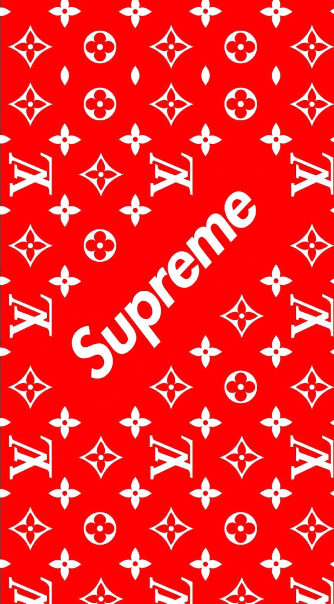 紅色背景，帶有白色 Louis Vuitton 字母圖案和對角 Supreme 標誌。